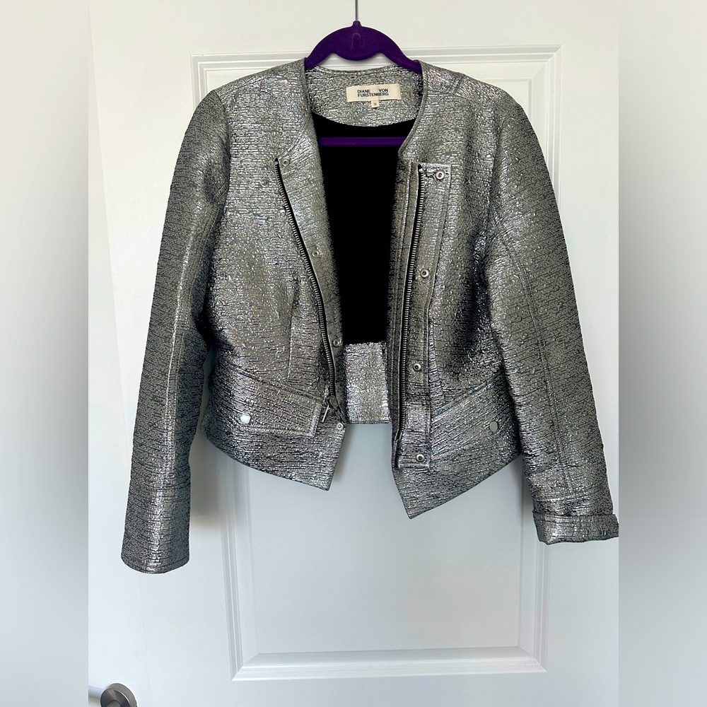 Diane Von Furstenberg Cropped Silver Metallic Jacket
